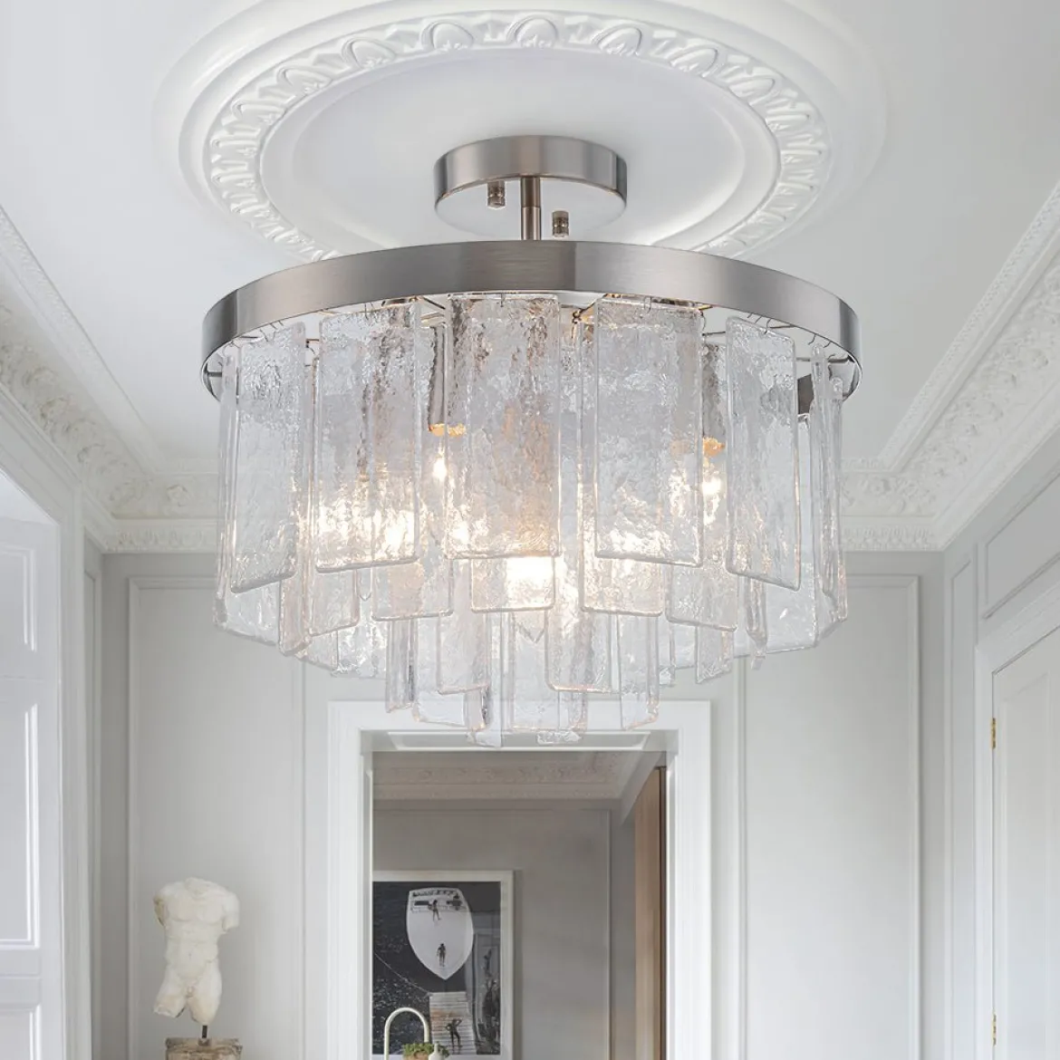 (OpenBox) Tiered Hammered Water Glass Round Semi Flush Mount