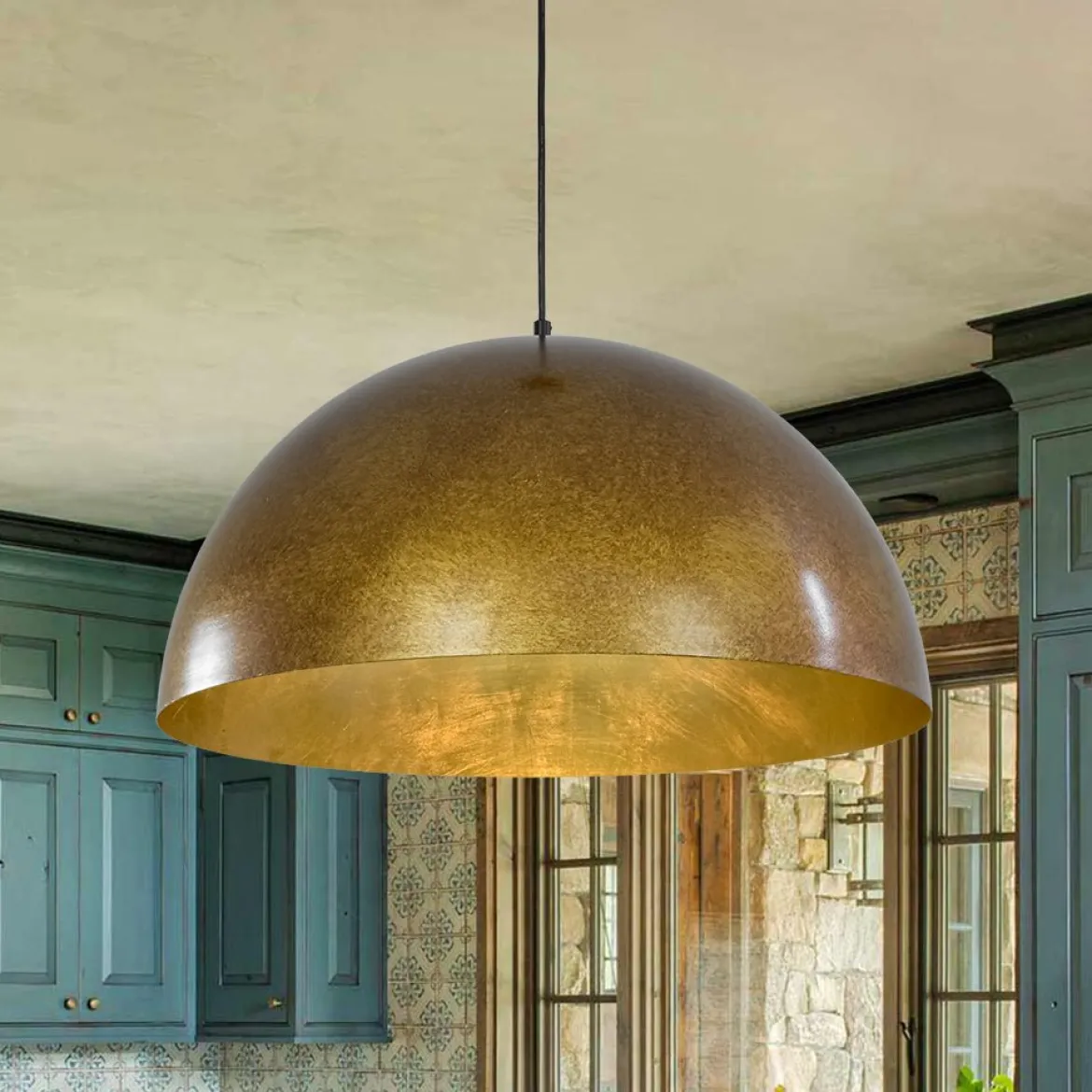 Oversized Antique Dark Rust Iron Dome Pendant Light