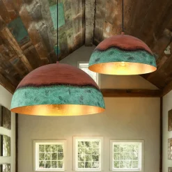Oversized Industrial Copper Patina Metal Dome Pendant Light