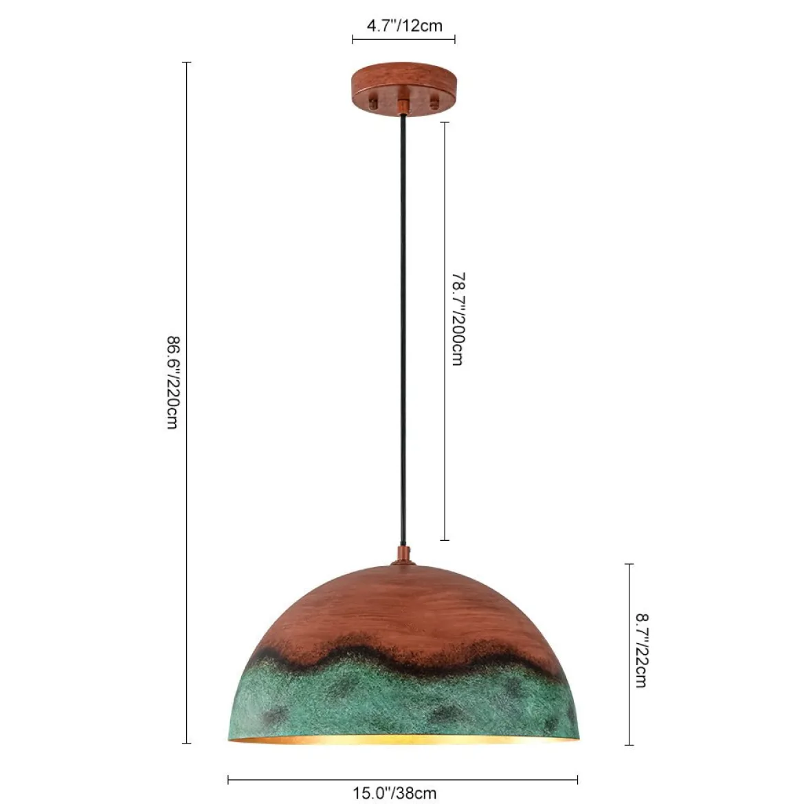 Oversized Industrial Copper Patina Metal Dome Pendant Light