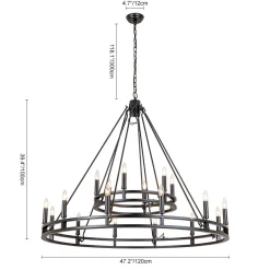 Oversized Vintage Black Candle Style Wagon Wheel Chandelier