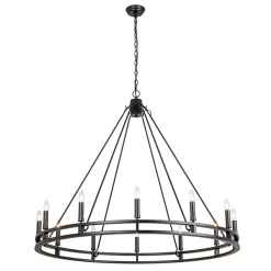 Oversized Vintage Black Candle Style Wagon Wheel Chandelier