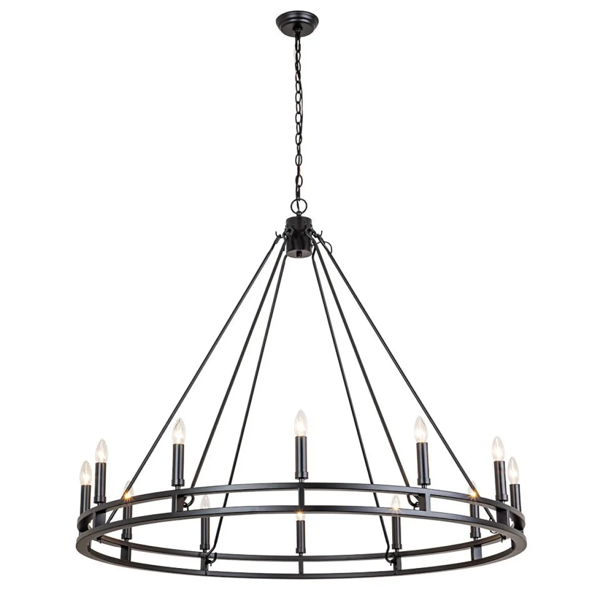 Oversized Vintage Black Candle Style Wagon Wheel Chandelier