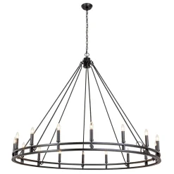Oversized Vintage Black Candle Style Wagon Wheel Chandelier