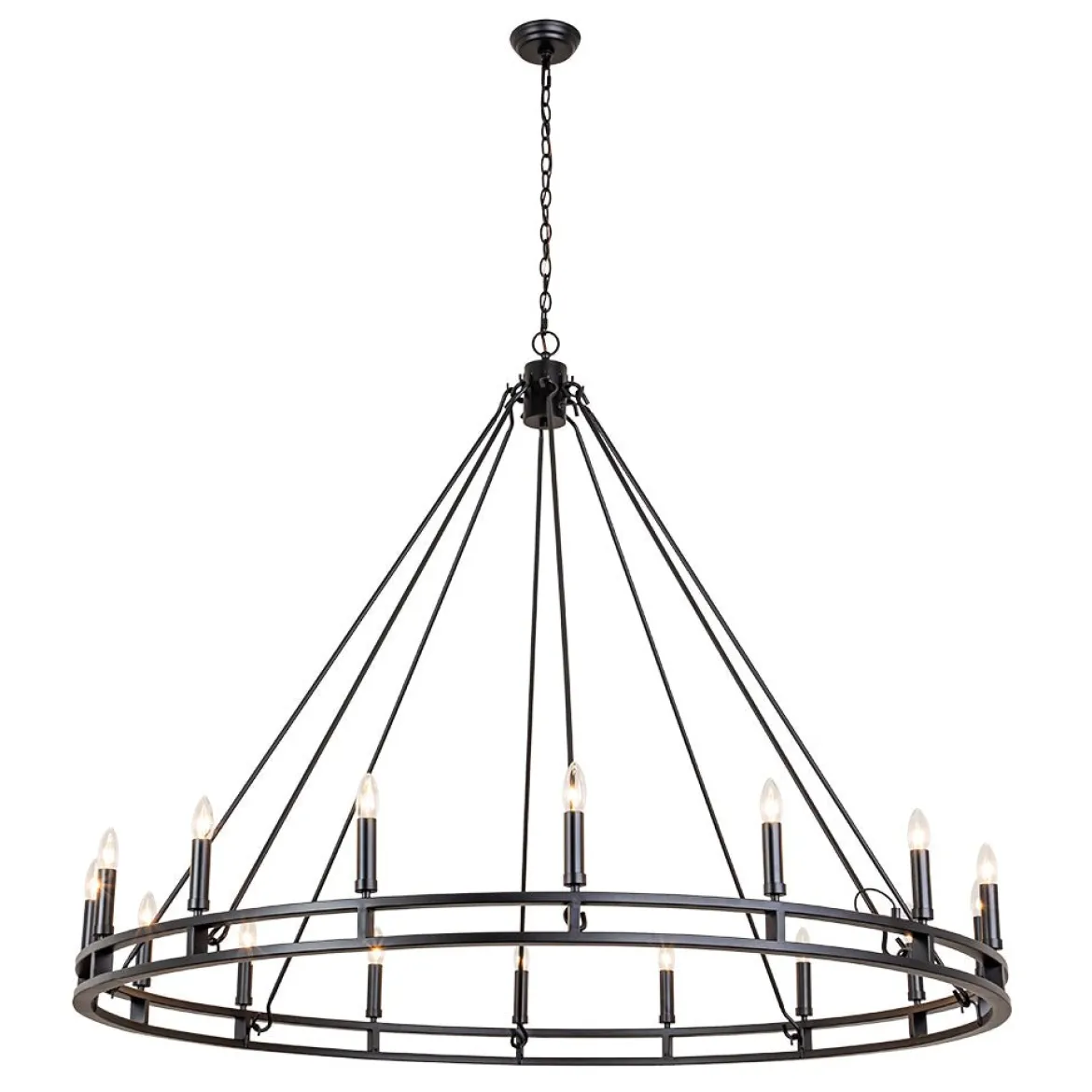 Oversized Vintage Black Candle Style Wagon Wheel Chandelier