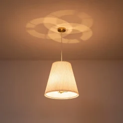 Pleated White Linen Conical Drum Cage Pendant Light