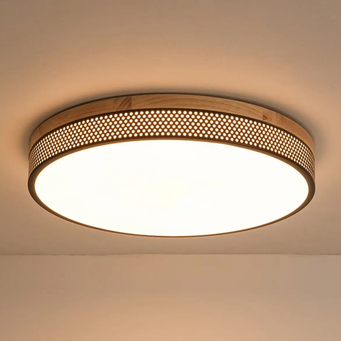 Rustic Black Mesh Wooden Dimmable LED Round Ceiling Light
