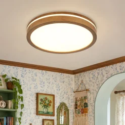 Rustic Dimmable LED Walnut Wooden Round Ceiling Light