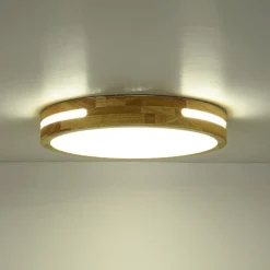 Rustic Dimmable LED Wood Round Flush Mount Light