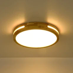 Rustic Dimmable LED Wood Round Flush Mount Light