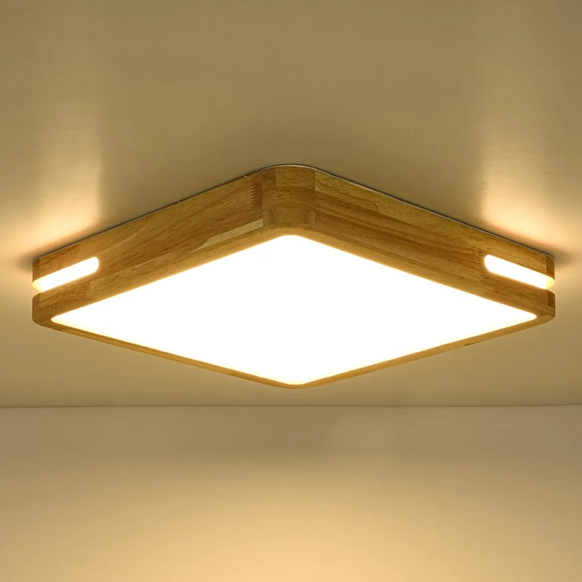 Rustic Dimmable LED Wood Square Flush Mount Light