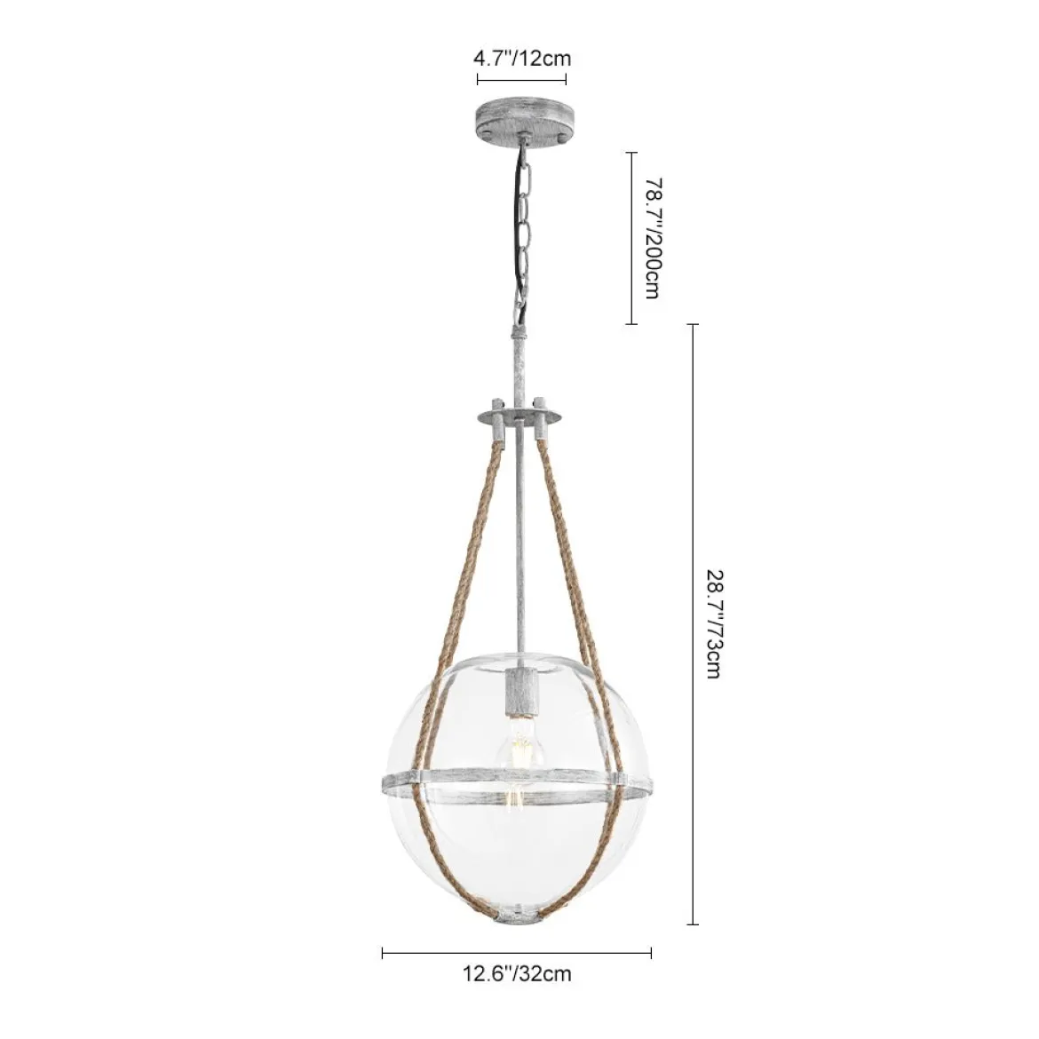 Rustic Hemp Rope Distressed White Glass Globe Pendant Light