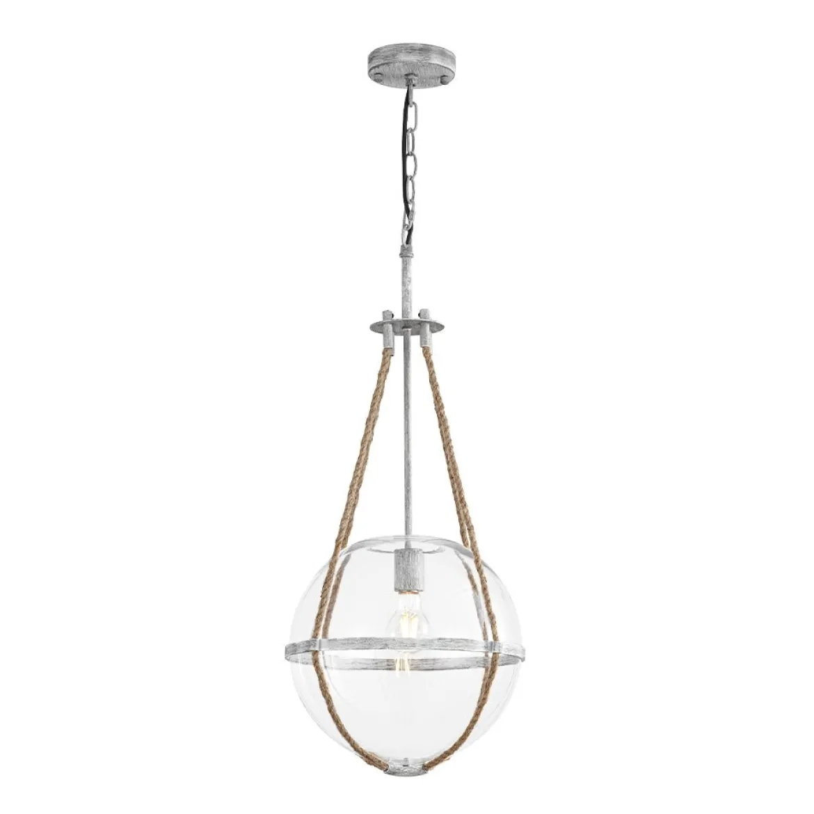 Rustic Hemp Rope Distressed White Glass Globe Pendant Light
