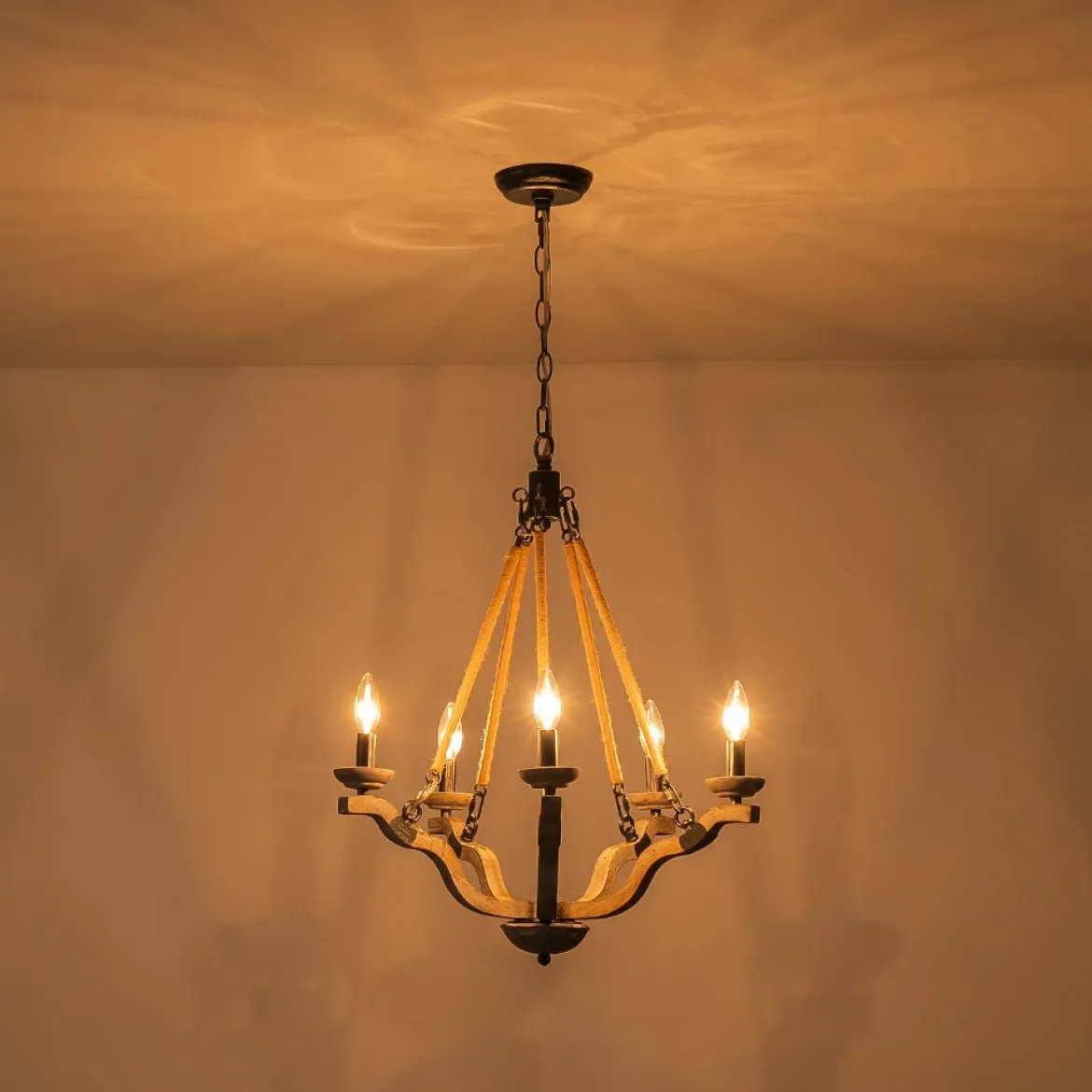 Rustic Hemp Rope Wooden Round Candle Chandelier
