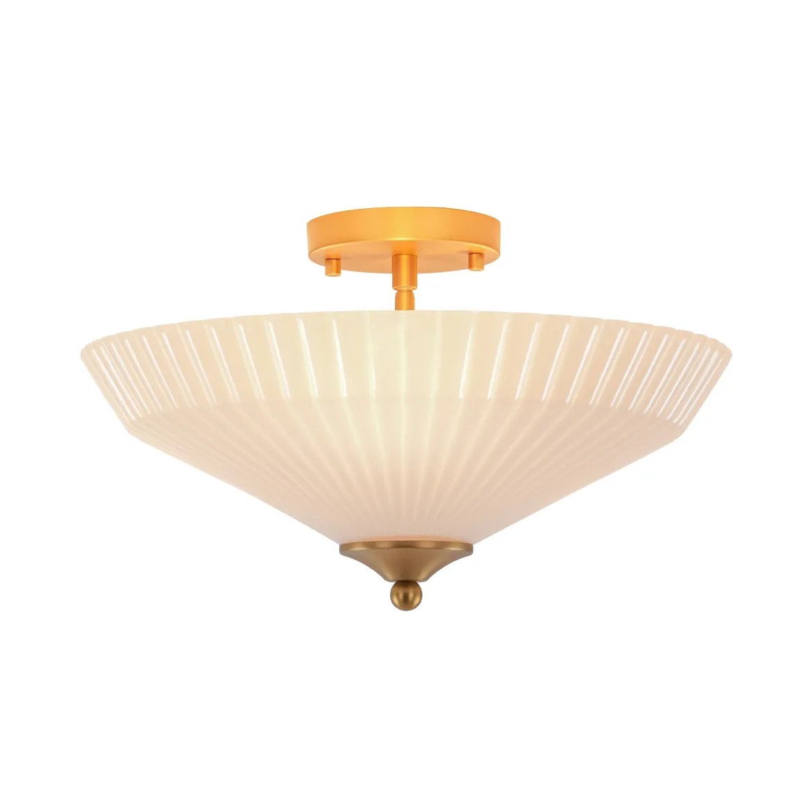 Sculptural Shine Opal Glass Pleated Cone Semi Flush Mount