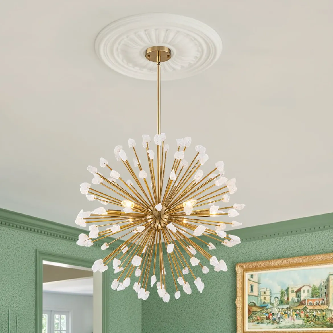 Sculptural Sunburst Bloom Frosted Quartz Dandelion Chandelier
