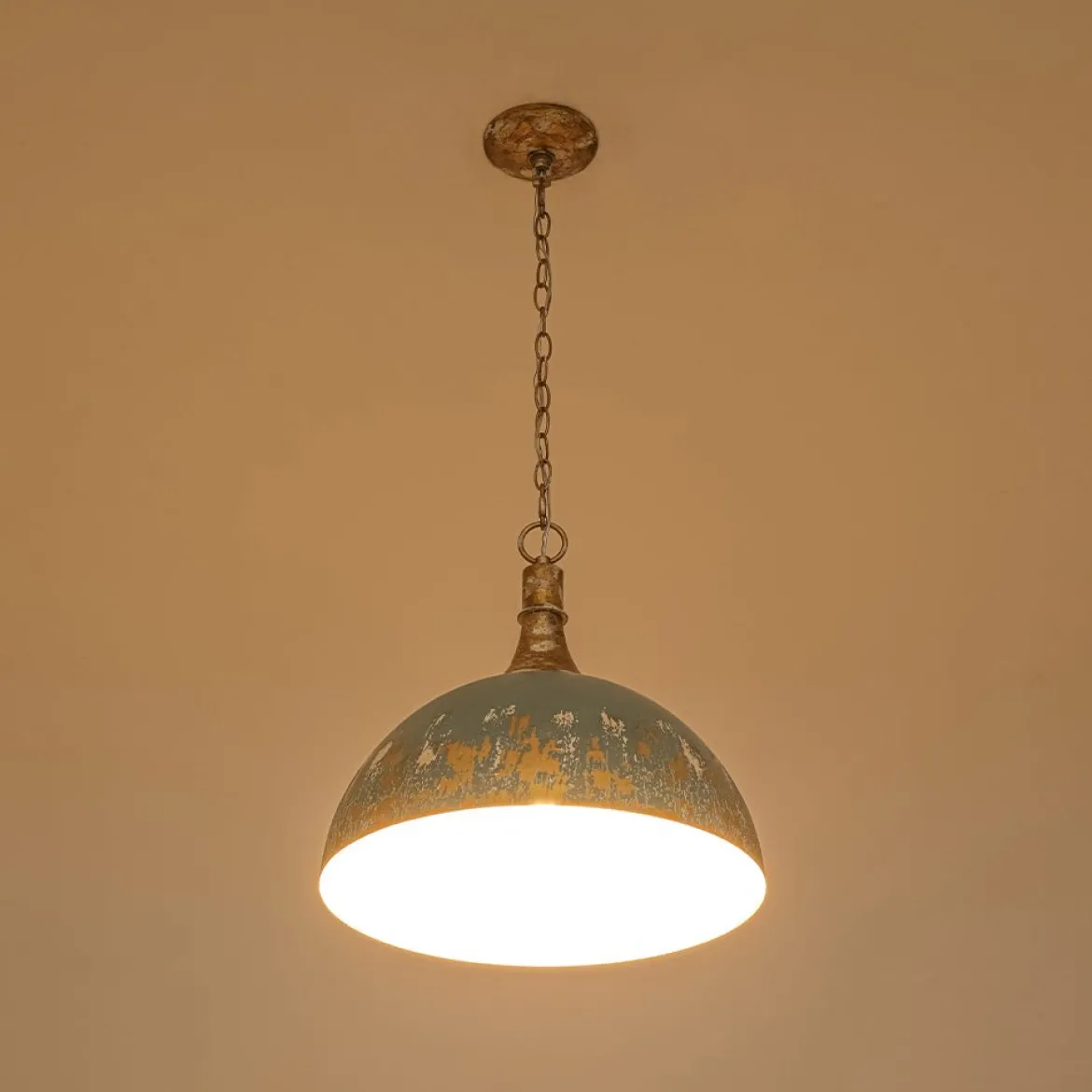 Shabby Chic Distressed Gilded Patina Teal Dome Pendant Light