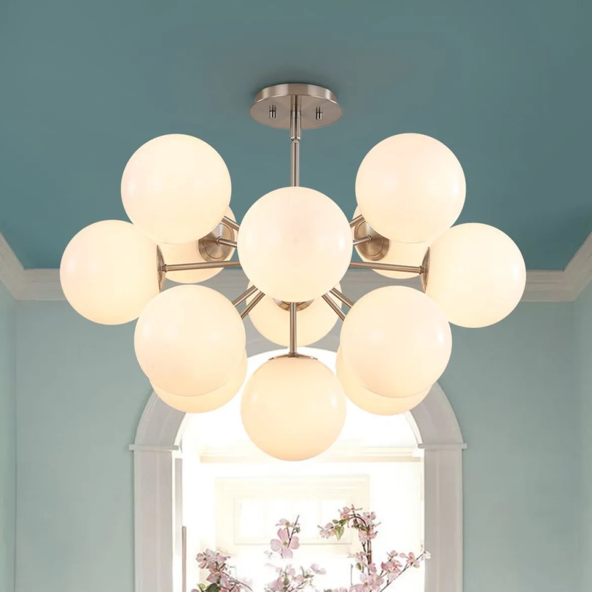 Shine Lustre Opal Glass Bubble Sputnik Semi Flush Chandelier