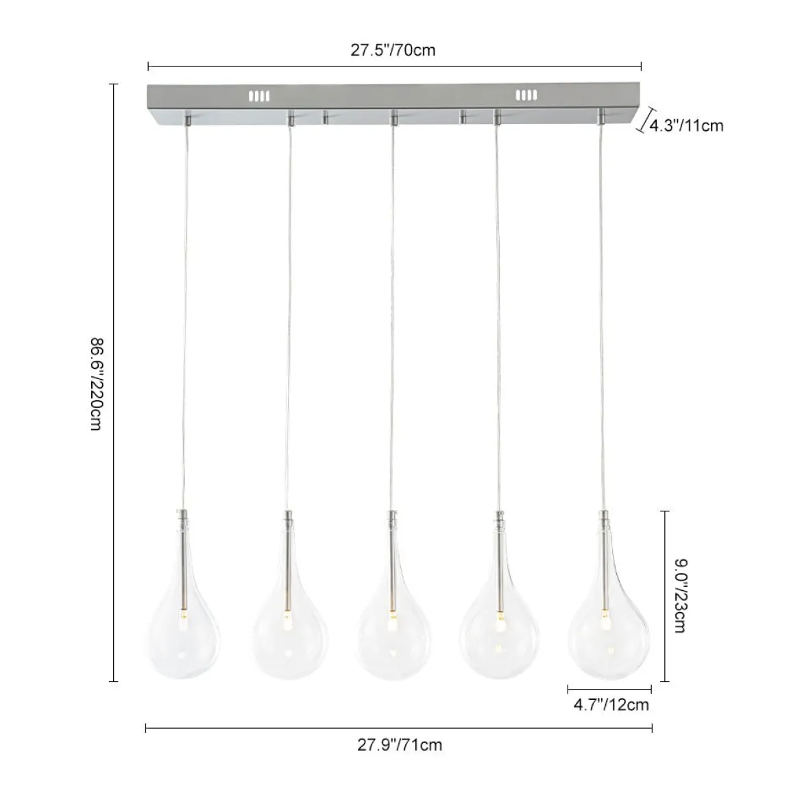 Silver 5-Light Clear Glass Teardrop Linear Island Pendant