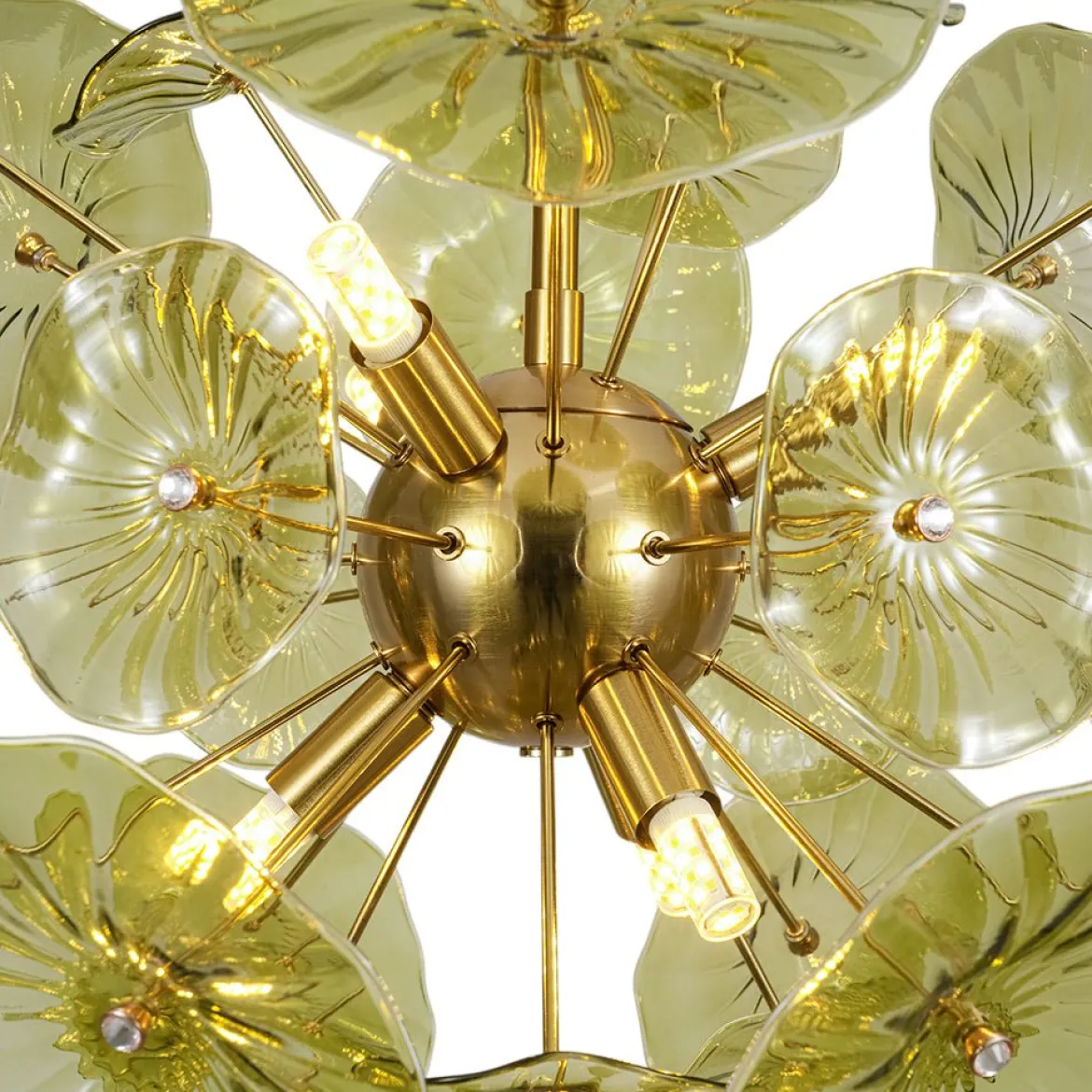 Summer Art Deco Bloom Green Lotus Leaf Sunburst Chandelier