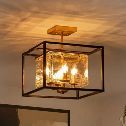 Textured Glass Candle Style Square Lantern Ceiling Light