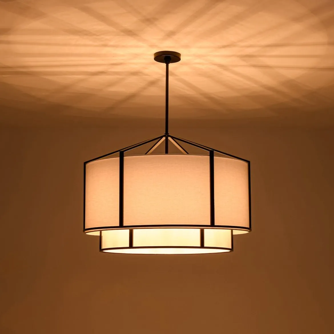 2-Tier Large White Fabric Drum Cage Chandelier