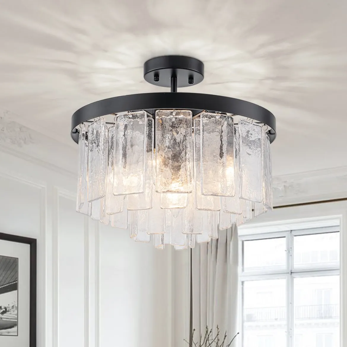 Tiered Hammered Water Glass Round Semi Flush Mount