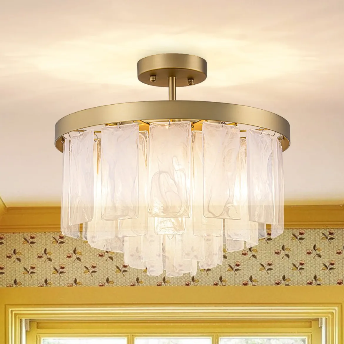 Tiered Opal Swirl Glass Round Semi Flush Mount Chandelier