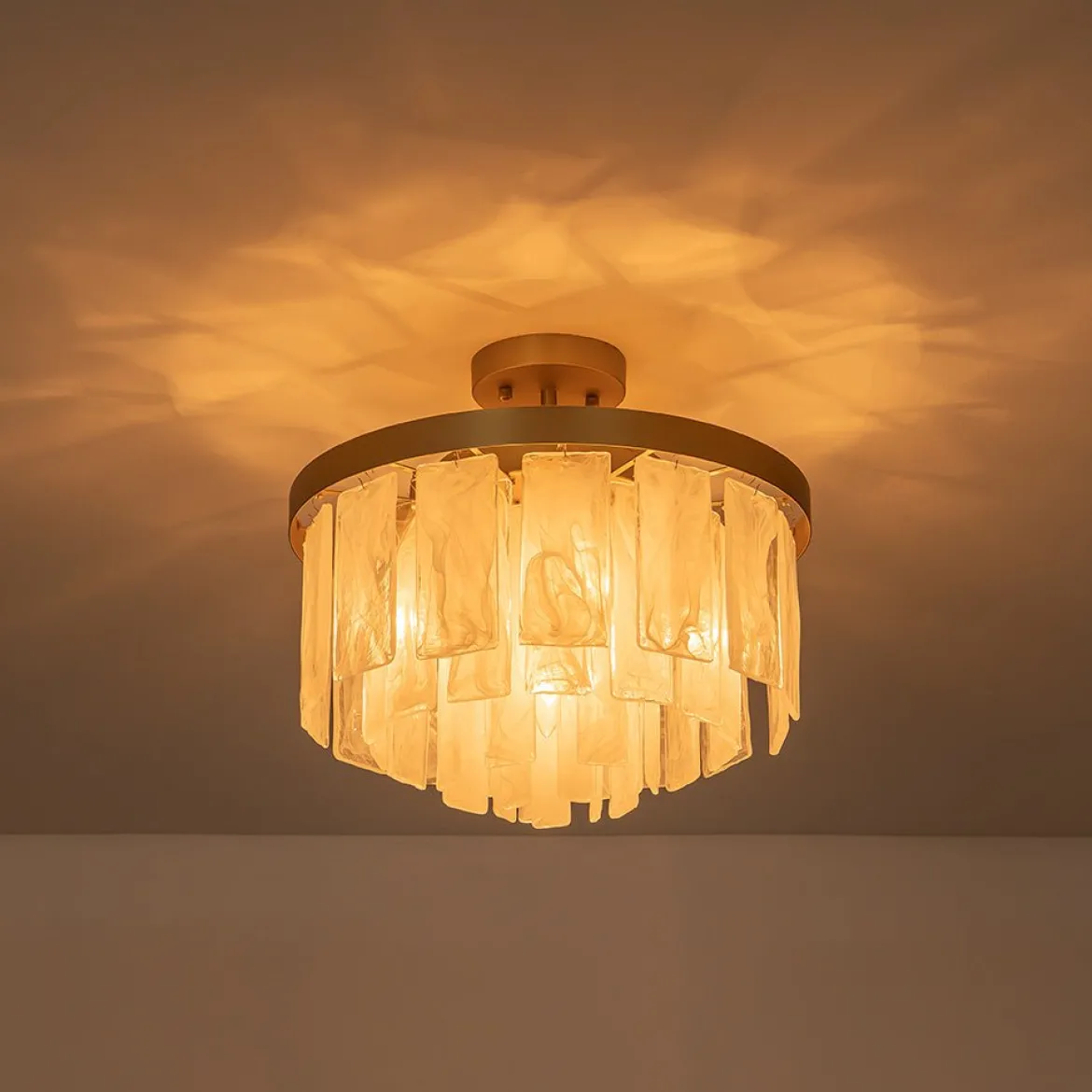 Tiered Opal Swirl Glass Round Semi Flush Mount Chandelier