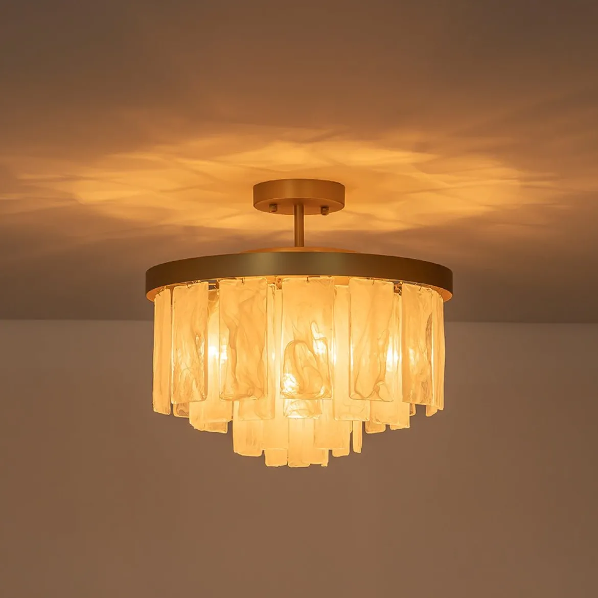 Tiered Opal Swirl Glass Round Semi Flush Mount Chandelier
