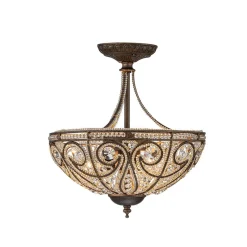 Victorian Antique Bronze Crystal Semi Flush Light