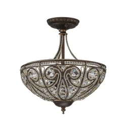 Victorian Antique Bronze Crystal Semi Flush Light