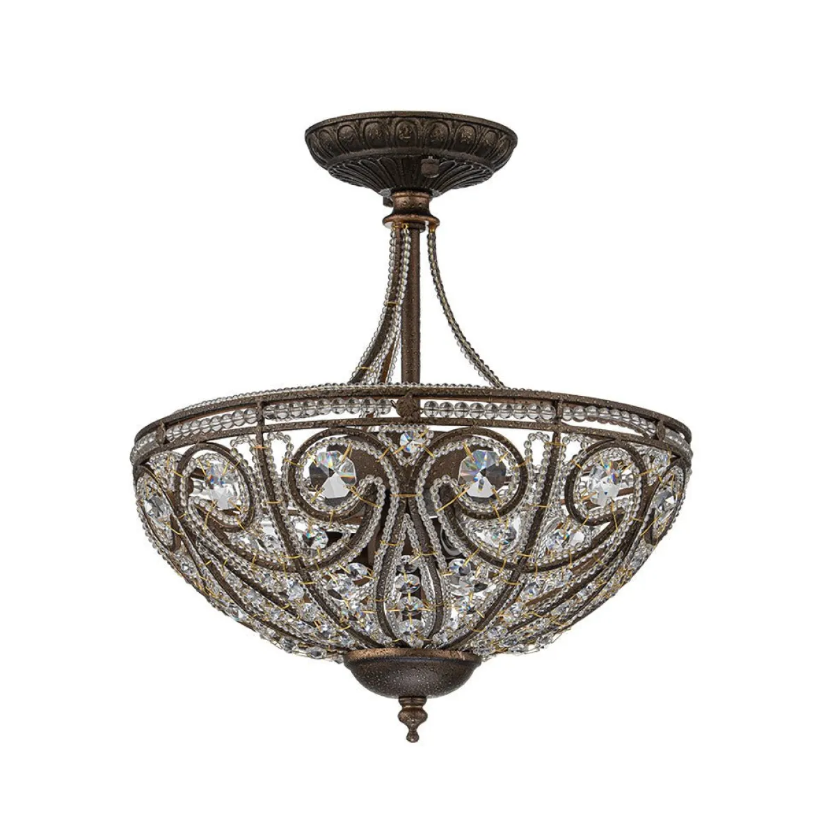Victorian Antique Bronze Crystal Semi Flush Light