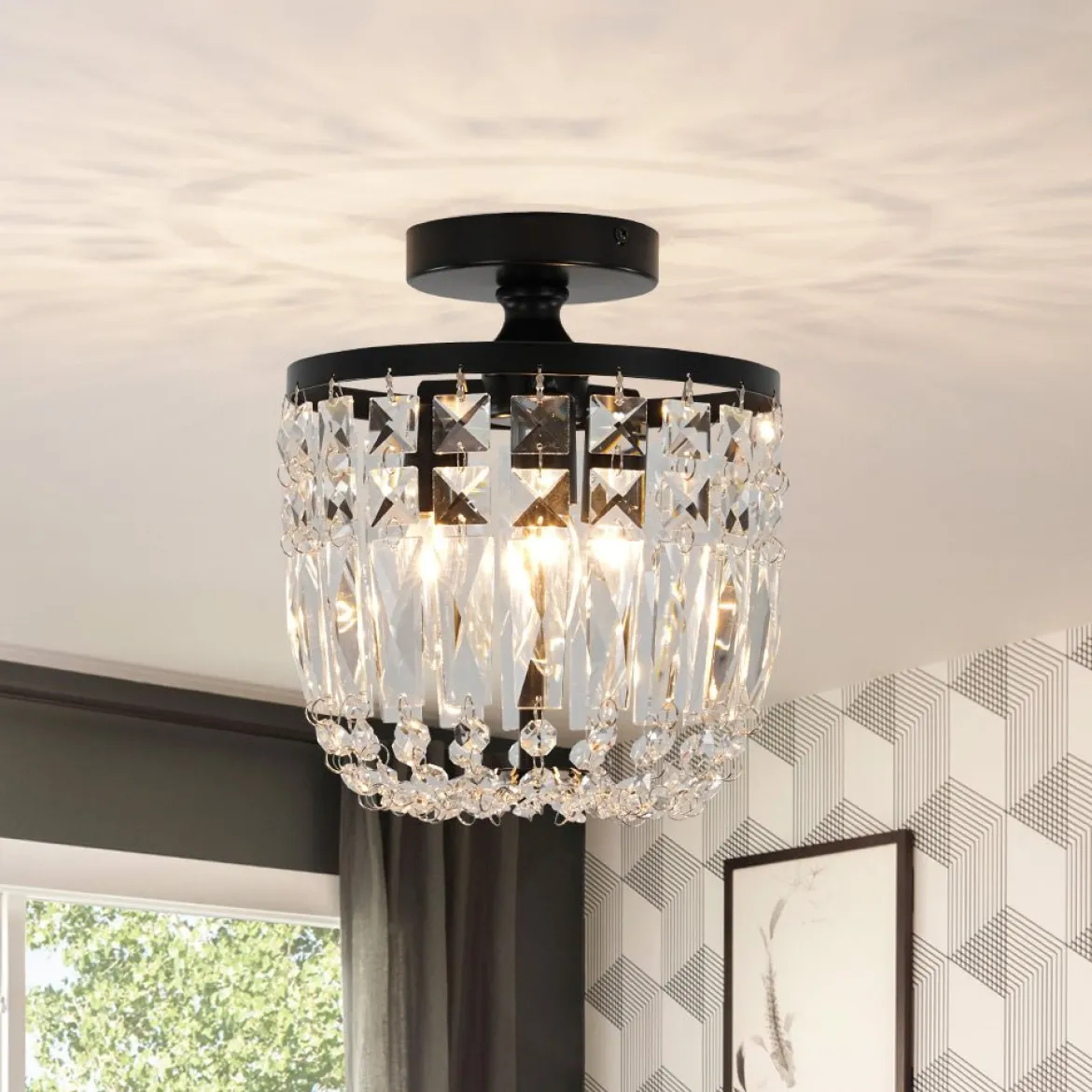 Vintage Black Draped Crystal Round Semi Flush Mount
