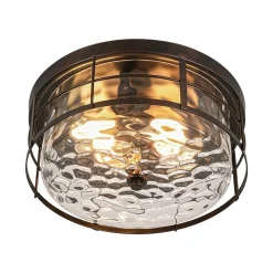 Vintage 2-Light Hammered Glass Round Drum Flush Mount