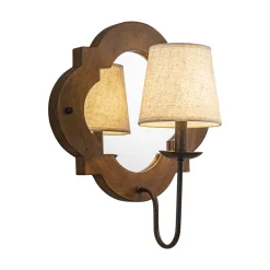 Vintage 1-Light Wood Mirror Linen Tapered Shade Wall Sconce
