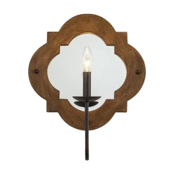 Vintage 1-Light Wood Mirror Linen Tapered Shade Wall Sconce