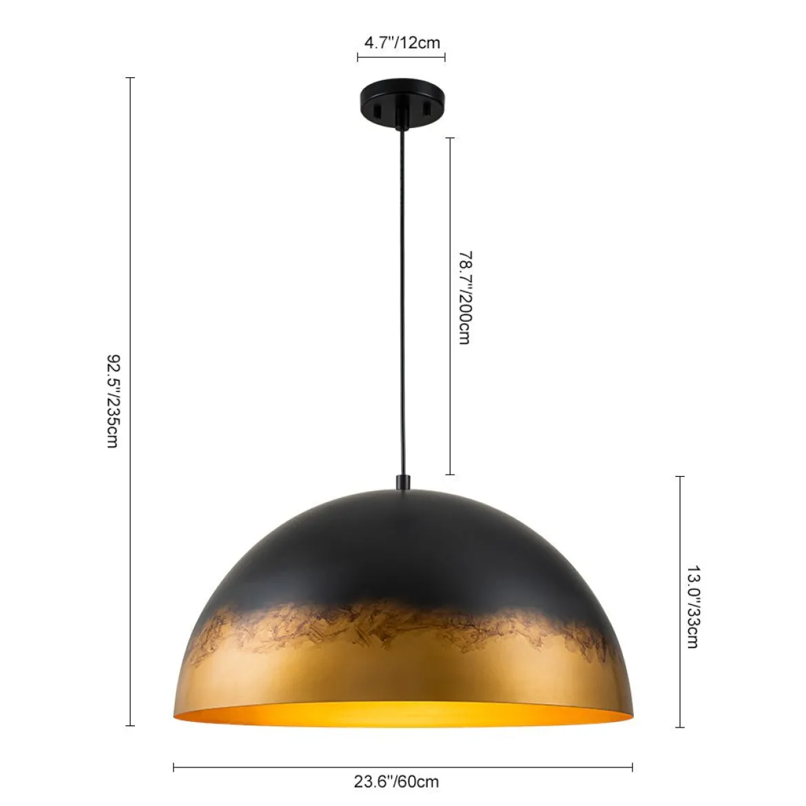 Vintage Luxe Gradient Black Gold Oversized Iron Dome Pendant