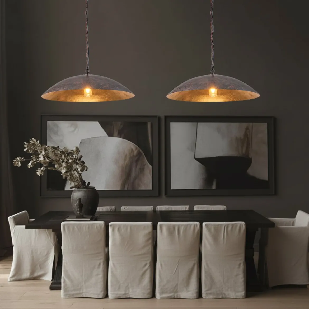 Vintage Oversized Flat Dome Metal Pendant Light